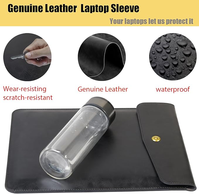 Genuine Leather Laptop Sleeve Compatible with MacBook Pro 14 Inch M4 M3 M2 Pro/Max 2023 & M1 Case,Slim and Durable Waterproof Vertical Laptops Bag for 14 Inch Notebook Computer Cover,Black