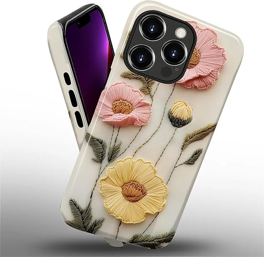 Case for iPhone 13 Pro Max Case,Faux Embroidery Boho Floral Design - Hybrid Dual Protection Silicone + Hard PC Shockproof Full Body Cover Slim Anti-Scratch Protective Case for Men Women
