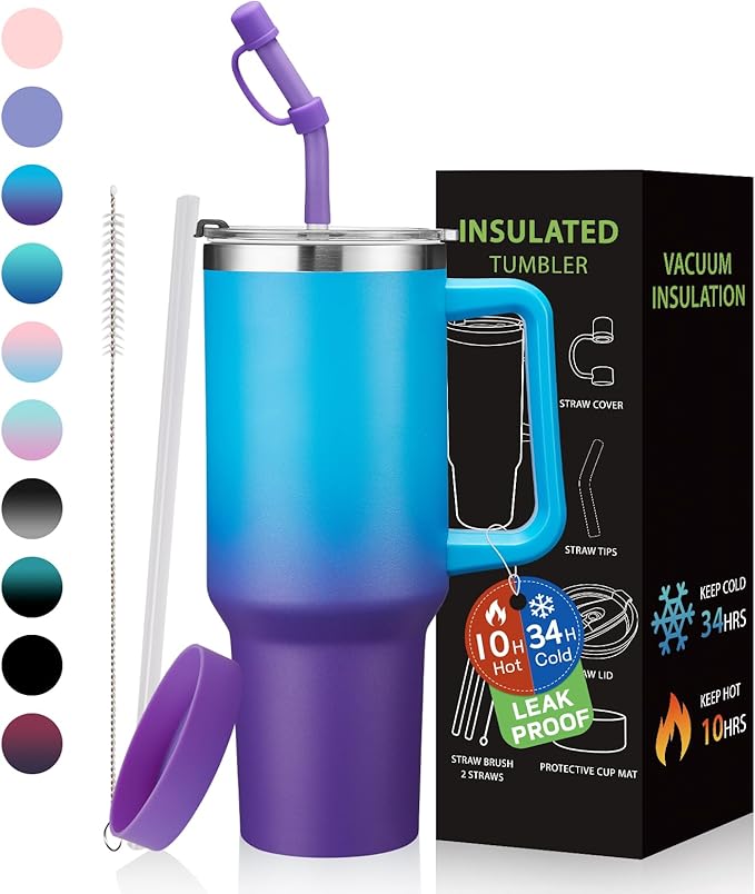 BENZZO 40 oz Tumbler with Handle Straw and 2-in-1 Lid Made of Metal Travel Mug for Easy Grip & Spill Proof, Pop-off Prevention Insulated Cup Gifts for Women, Car Cupholder Friendly，BPA Free