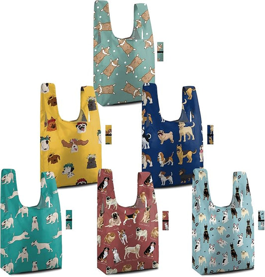 BeeGreen Reusable Grocery Bags 6 Pack - Foldable, Heavy Duty Shopping Tote Bags with Zipper Pouch, Large Capacity (50+ Lbs), Animal Prints Designs for Women & Men, Machine Washable