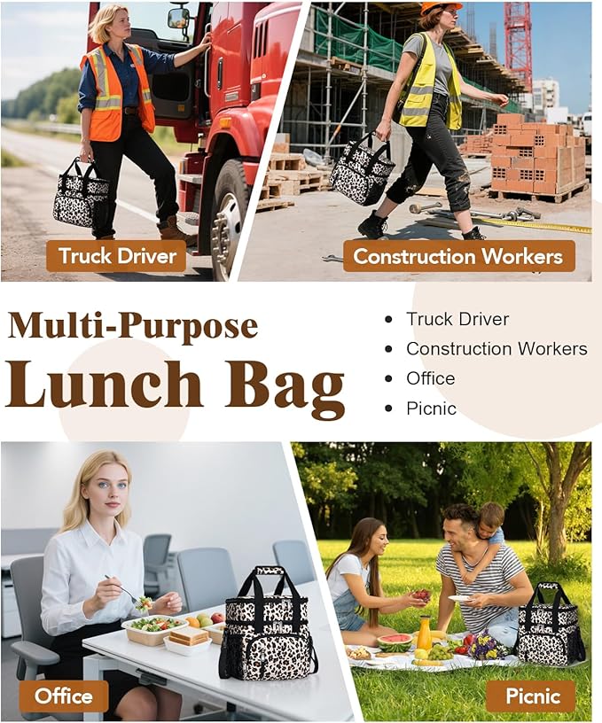 Lunch Box for Women, Double Insulated Lunch Bag Reusable Leakproof Cooler Bag Portable Picnic Food Bag, Adult Lunch Tote Lunch Bag for Work, Construction Worker, Truck Driver-Leopard Print