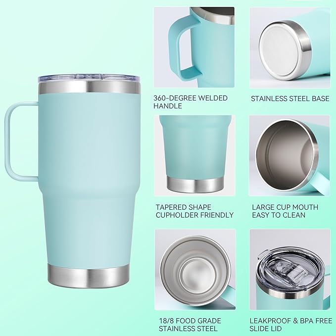 20 oz Stainless Steel Tumbler with Handle Bulk Metal Insulated Tumblers Travel Coffee Mug with Handle Double Wall Tumbler Cup with Lid and Straw, Mint Green 12 Pack