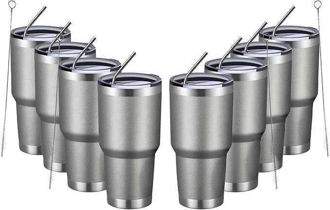MEWAY 30oz Insulated Tumbler With Lids and Straws,Stainless Steel Double Vacuum Coffee Tumbler Cup, Brush, Durable Powder Coated Coffee Cup for Cold & Hot Drinks(Cold Grey,8 PACK)