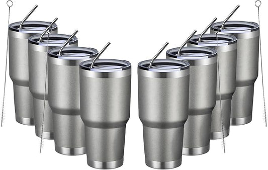MEWAY 30oz Insulated Tumbler With Lids and Straws,Stainless Steel Double Vacuum Coffee Tumbler Cup, Brush, Durable Powder Coated Coffee Cup for Cold & Hot Drinks(Cold Grey,8 PACK)