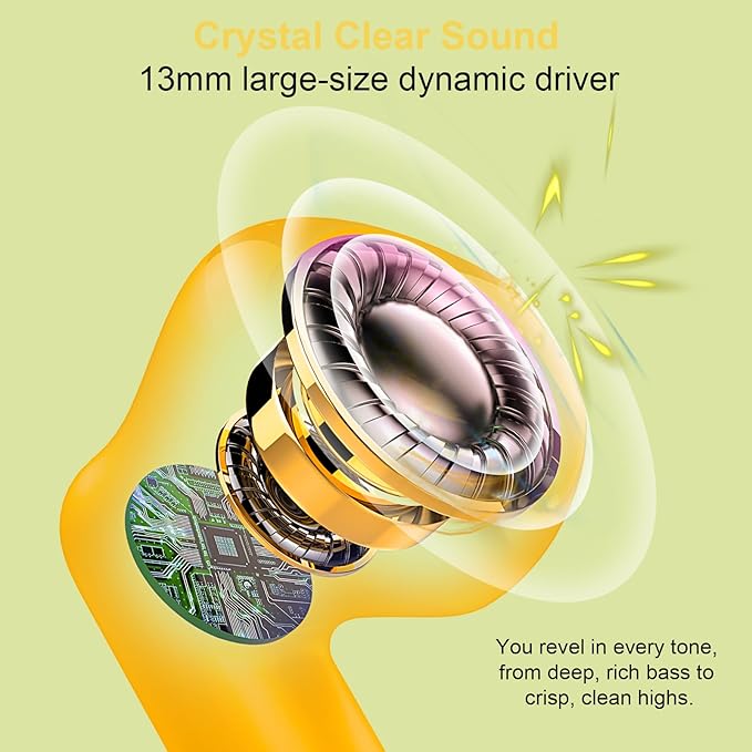 Wireless Earbuds, Bluetooth 5.4 Headphones in Ear with Noise Cancelling Mic, Bluetooth Earbuds Stereo Bass, IP7 Waterproof Sports Earphones, 32H Playtime USB C Charging Ear Buds Yellow for Android iOS