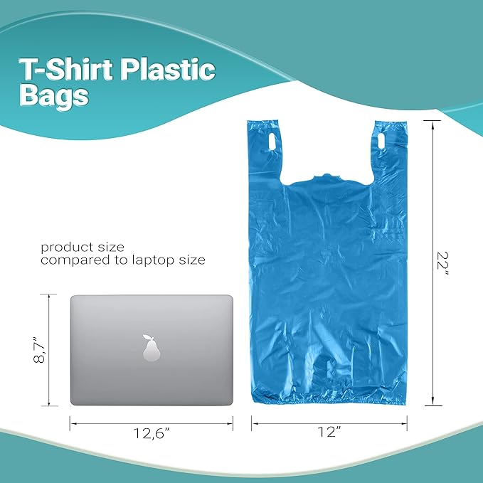 Blue T-Shirt Bags, 12 x 6 x 22 Inches. Pack of 700 Plastic Merchandise Bags, 18 Micron. Unprinted Grocery Bags with Handles. High Density Polyethylene Shopping Bags for Small Business