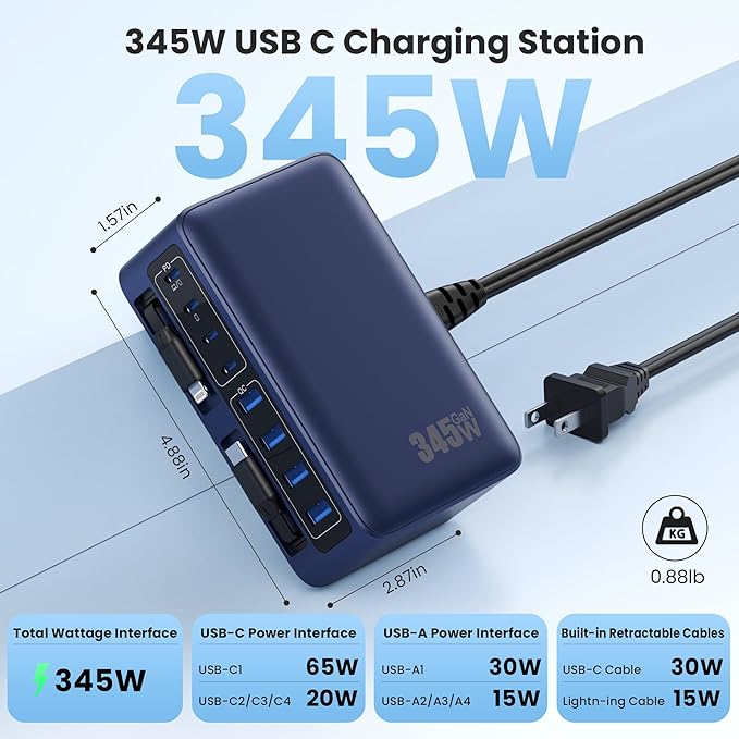 345W USB C Charger Block with 2 Built-in Retractable Cables,10-in-1 GaN IV USB C Charging Station,PD 65W Laptop Charger Power Adapter for MacBook Pro/Air,DELL,iPhone17/16/15/14,Galaxy S24,Android etc