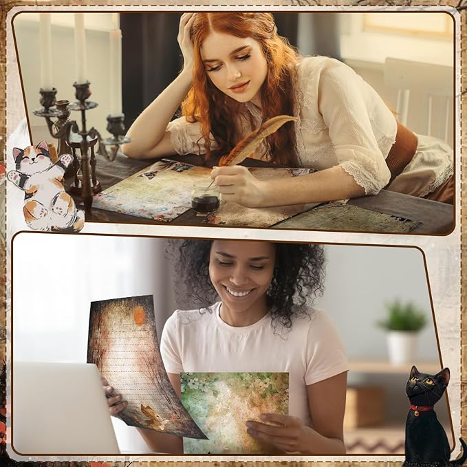 TaoBary 160 Pcs Stationery Paper Set 50 Double Sided Stationery Papers with 50 Matching Envelopes and 60 Round Dot Sticker, 10 Design(Kitten,8.5 x 11 Inch)