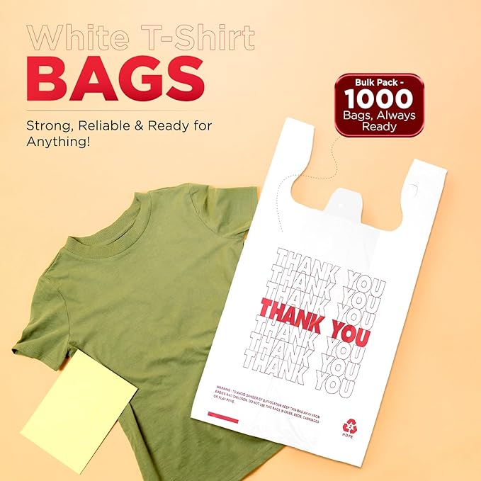 Infinite Pack Plastic Bags Thank You (1000 Count) | White Grocery Bags with Handles | T-shirt bags for small business