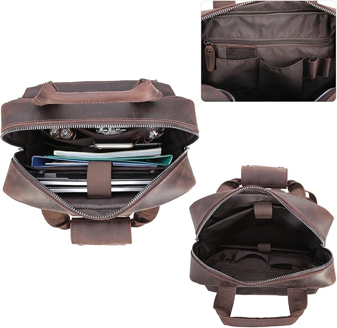 Polare Cowhide Leather Multiple Laptop Backpack Day pack Travel Bag Satchel with YKK Metal Zippers