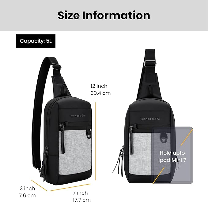 Sherpani Metro, Anti Theft Sling Bag, Sling Backpack, 5L Travel Bag, Shoulder Chest Purse, Crossbody Backpack for Women, Metal Hardware, Travel Gift (Sterling Pro)