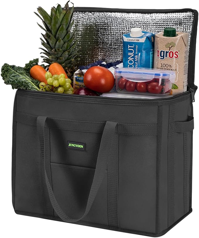 JUNGYOON Heavy-Duty Insulated Grocery Bags & Picnic Basket – Collapsible Cooler Bag with Zippered Top | Reusable Shopping Bags for Groceries, Picnics, Beach (XL Black)
