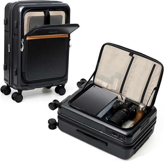 ROAMING Expandable 28-Inch Checked Luggage with Mute Brake Wheels Airline Approved Hard Shell Suitcases with Front Pocket Top Opening Luggage with TSA Lock for Short Business Travel, Black
