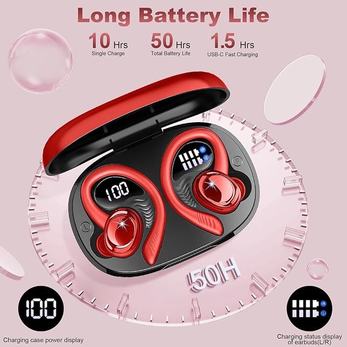 Wireless Earbuds Sport, 2025 Bluetooth 5.4 Headphones with Earhooks, 50H Stereo Deep Bass Over Ear Buds with 4 ENC Noise Canceling Mics, IP7 Waterproof Earphones for Running Workout Gym -Red