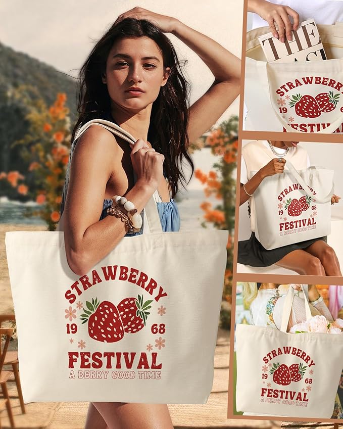 Large Tote Bag for Women - Canvas Tote Bag with Zipper Aesthetic Reusable Shoulder Bag for Gym, Travel, Work