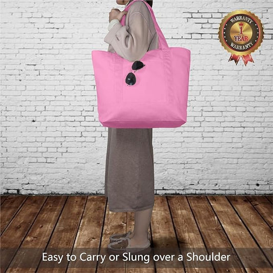 TOPDesign 6-Pack Canvas Tote Bags with an External Pocket, Reusable Grocery Shopping Bags, Top Zipper Closure, Daily Essentials (Pink)