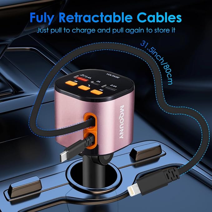 Retractable Car Charger,5 in 1 Fast Car Phone Charger 90W,Bluetooth 5.3 FM Transmitter Adapter,Handsfree Call,2 Retractable Cables and USB Cars Chargers for iPhone 17/16/15/14/13/Galaxy/Pixel