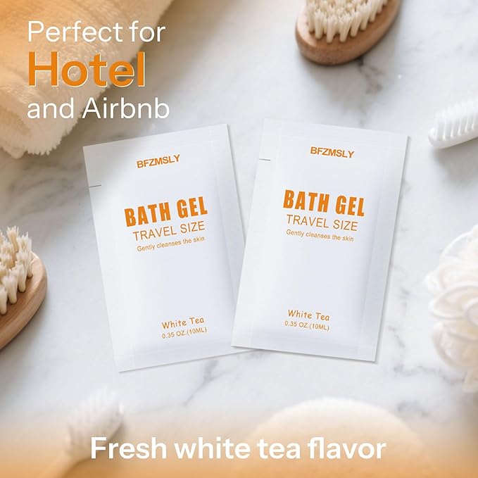 100 Pack Travel Size Body Wash Packets Bulk (0.35oz, White Tea Scent) – Mini Individual Pack TSA Approved Toiletries for Guest Body Wash for Hotels, Airbnb, Travel & Hospitality