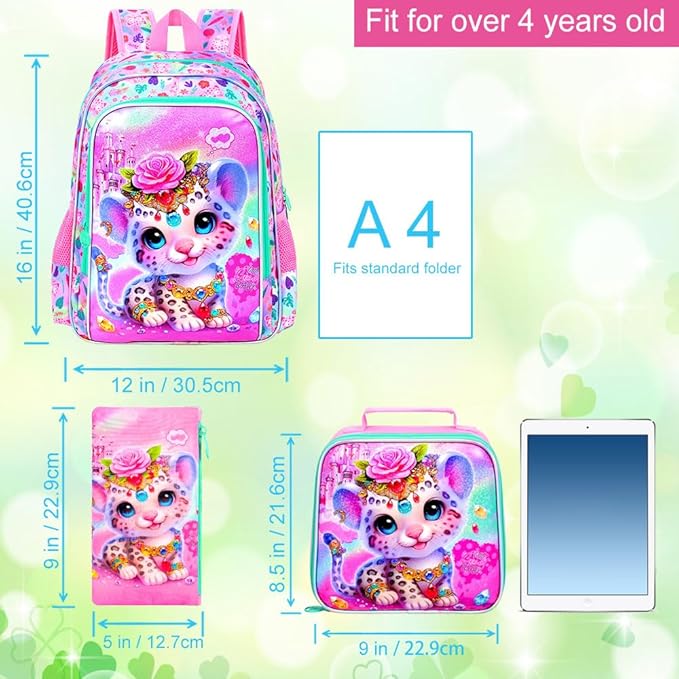 3Pcs Backpack for Girls, 16" Leopard Kids Bookbag for Elementary Preschool Kindergarten, School Backpacks with Lunch Box(Pink)