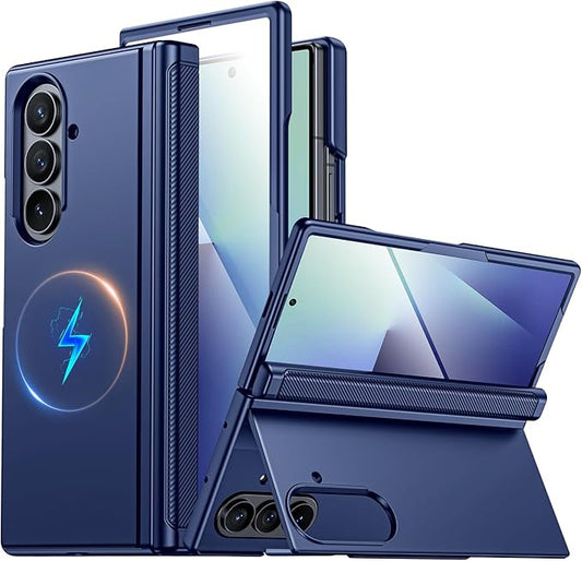 CENMASO Magnetic for Samsung Galaxy Z Fold 7 Case with Stand, Fit for Magsafe, Hinge Protection, Screen Protector, Built-in Hidden Kickstand, Slim Shockproof Phone Case for Galaxy Z Fold 7-Blue