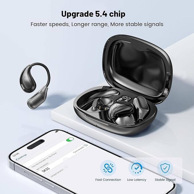 Open Ear Wireless Bluetooth Headphones, Sport Over Headset Built-in Mic, LED Display, Touch Control Earphones, IPX5 Waterproof for Sports Running Driving Cycling (Black)