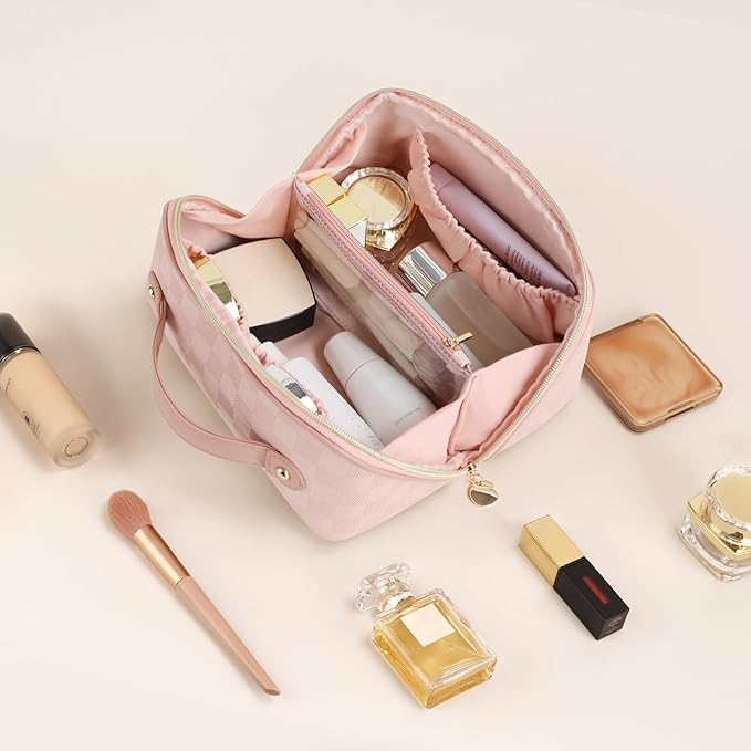 Prite Makeup Bag for Women Travel Waterproof Vegan Leather Cosmetic Bag Open Flat Toiletry Bag With Clear Divider and Handle (Plaid Pink)