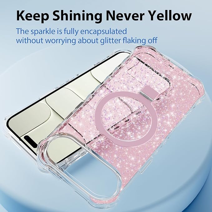 Magnetic for iPhone Air Case with Invisible Stand, Compatible with MagSafe, Clear Bling Sparkle Shockproof Slim Anti-Slip Military Drop Protection Hard Phone Case 6.5" Glitter Pink