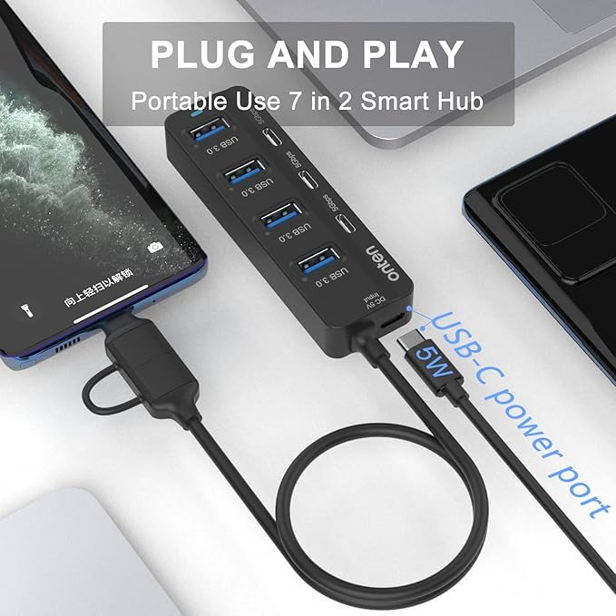 USB C Hub,7 Ports USB3.0 to USB-C HUB with a USB C to USB 3.0 Adapter. 3.2ft Cable 4*USB3.0 Ports,3*USB C Ports forThunderbolt 3/4 MacBook Surface Pro and More USB/USB C Devices