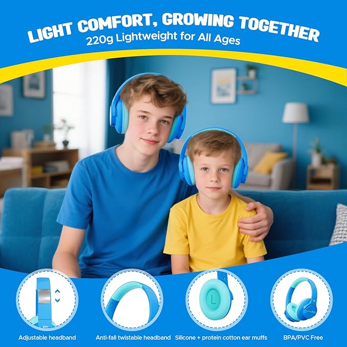 Nova1Lite Kids Wireless Active Noise Cancelling Headphones, Bluetooth 5.3, Safe Volume 74/85/94dB, Real 40H Battery, Type-C Fast Charging, Built-in Mic for School Travel Airplane, Blue