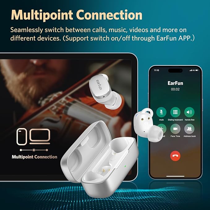 EarFun Free Pro 3 Noise Cancelling Wireless Earbuds, Hi-Res Sound, Snapdragon Sound with Qualcomm aptX™ Adaptive, 6 Mics ENC, Bluetooth 5.3 Earbuds, Multipoint Connection, Custom EQ App, Silver White