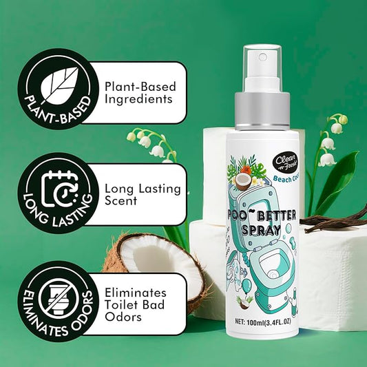 Clean-n-Fresh Toilet Spray 6.8 Fl.Oz, Poop Spray Beach Coco, Bathroom Air Fresheners Spray, Long Lasting Odor Eliminator - Coconut, Vanilla & Lily of the Valley