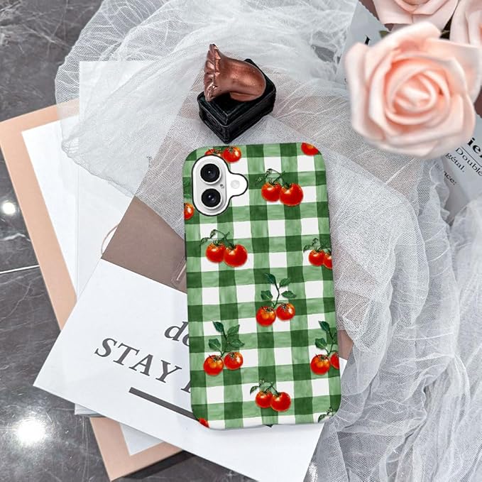 DAIZAG Case Compatible with for iPhone 16 Plus,Green Red Checkerboard Tomatoes Watercolor Phone Case for iPhone 16 Plus for Girl Women Boy Men