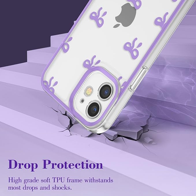 EYZUTAK Case for iPhone 11, Clear Cute Ribbon Bowknot Pattern Aesthetic Transparent Phone Case Raised Camera Protection Stylish Slim Soft Durable TPU Protective Cover for Women Girls - Purple