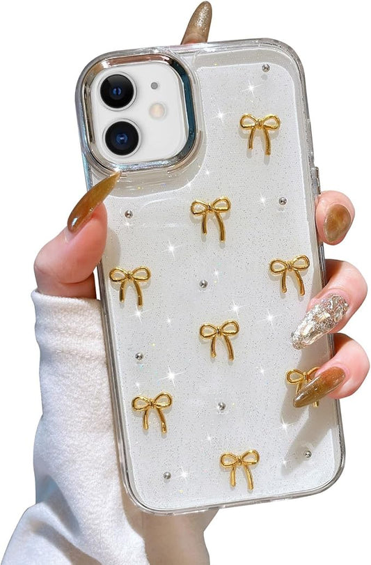 EYZUTAK Case for iPhone 12/iPhone 12 Pro, Bling Glitter 3D Bowknot Phone Case Cute Sparkly Crystal Clear Bow Aesthetic Case Slim Soft Durable TPU Transparent Protective Cover for Women Girls- Gold Bow