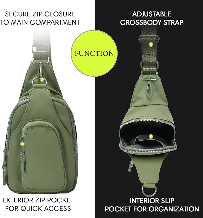 Antik Kraft Tasha Nylon Crossbody Sling (Moss) | Crossbody Bag for Women with 16-20" Strap | Nylon Sling Bag for Women | 7in x 2.5in x 12.5in |