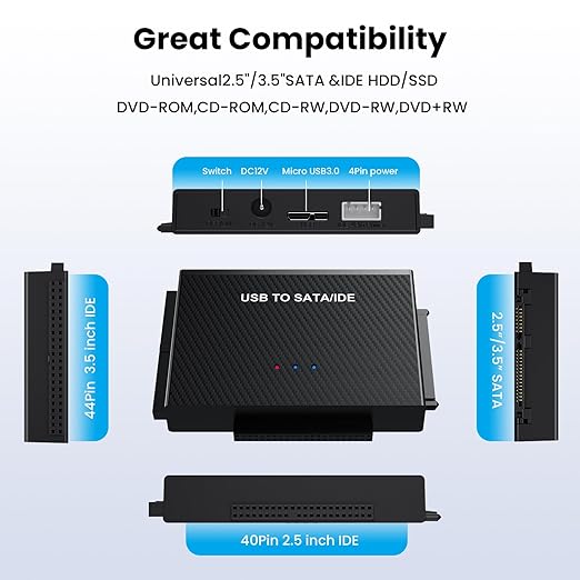 USB C to IDE SATA Hard Drive Reader, Upgraded Reader Ultra Recovery Converter Universal Hard Drive Adapter Kit for 2.5/3.5 HDD/SSD Hard Drive Disk, Include 12V/2A Power Adapter