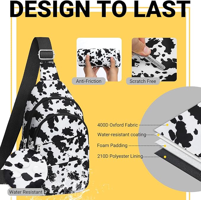 Crossbody Bags for Women, Sling Bag for Men, Small Hiking Backpack Anti Theft Lightweight for Outdoors Travel （L, Cow Print）