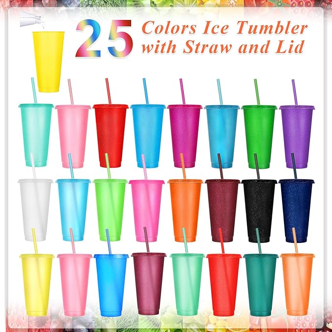 Honeydak 100 Pack Tumbler with Straw and Lid Bulk Glitter Plastic Cups Water Bottle Iced Coffee Travel Mug Reusable Party Favor Cups for Birthdays travel 24-27 oz (Vintage Color)