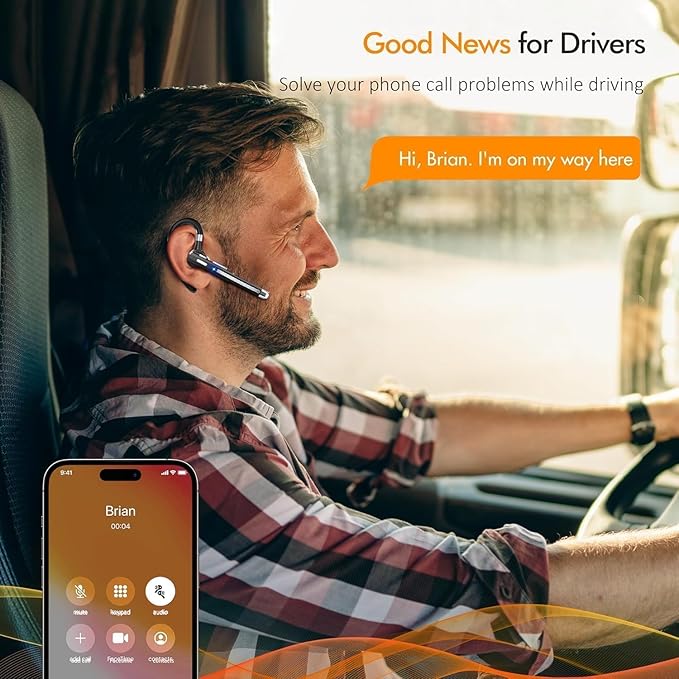 EUQQ Bluetooth Headset, Wireless Earpiece with Microphone 24 Hrs Talk Time Noise-Canceling Driving Headset for Trucker, V5.2 Hand-Free Headphones, Bluetooth Earpiece for Driving/Leisure/Work (Black)