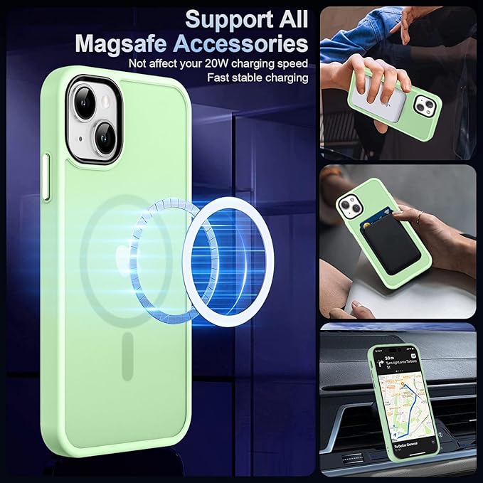 MOCCA Strong Magnetic for iPhone 13 Case, [Compatible with Magsafe][Screen Protector+Camera Lens Protector] Translucent Matte Back Slim Shockproof Case for iPhone 13 Phone Case 6.1", Light Green