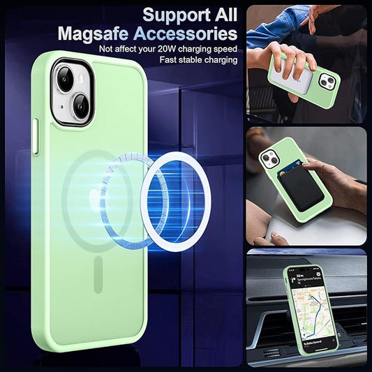 MOCCA Strong Magnetic for iPhone 13 Case, [Compatible with Magsafe][Screen Protector+Camera Lens Protector] Translucent Matte Back Slim Shockproof Case for iPhone 13 Phone Case 6.1", Light Green