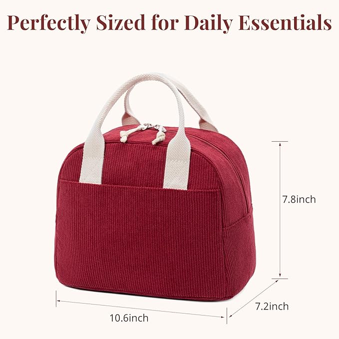 Insulated Lunch Bag for Women Men, Stylish Corduroy Tote Bag with Aluminum Lining, Large Capacity Reusable Cooler for Work, Travel, or Beach, Wine Red Lunch Box