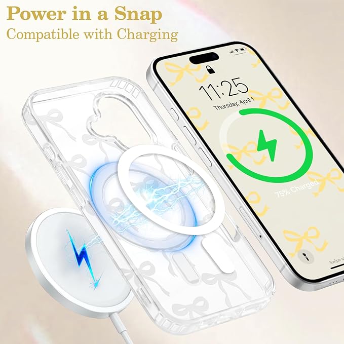 UEEBAI Magnetic for iPhone 16 Plus Case, Bow Case Compatible with MagSafe, Wireless Slim Clear Ribbon Aesthetic Phone Cover Anti-Yellowing Shockproof Protective Cover for Women Girl - Yellow