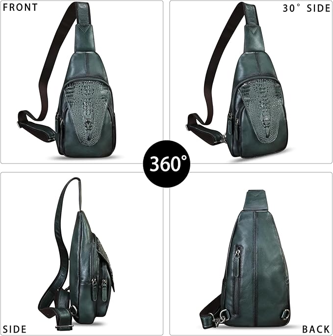 Genuine Leather Sling Bag Embossed Crocodile Pattern Leather Crossbody Sling Backpack Handmade Chest Purse Daypack (Darkgrey)