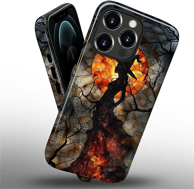 Case for iPhone 12 12 Pro Case,Halloween Witch Moon Stained Glass Design Hybrid Dual Protection Silicone + Hard PC Shockproof Full Body Cover,Slim Anti-Scratch Protective for Men Women