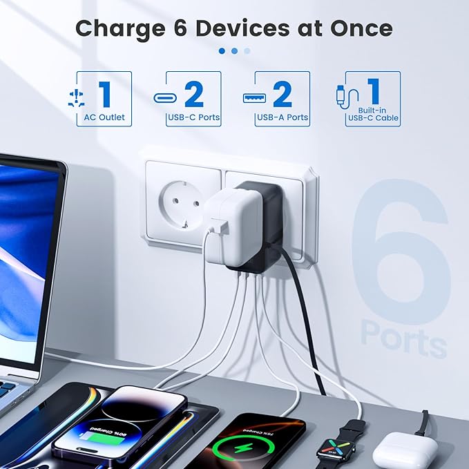 Universal Travel Adapter, for GaN 100W International Power Adapter Built-in Type-c Cable Fast Charging & 4 USB Charging Ports, All-in-One Wall Charger for US to Europe EU UK AUS Black