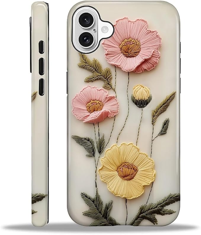 Case for iPhone 16 Plus Case,Faux Embroidery Boho Floral Design - Hybrid Dual Protection Silicone + Hard PC Shockproof Full Body Cover Slim Anti-Scratch Protective Case for Men Women