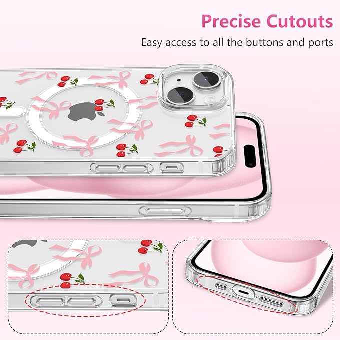 ZTOFERA for iPhone 13/14 Magnetic Case Clear,Cute Love Heart Ribbon Bow Tie Aesthetic Phone Case,Transparent Trendy Slim Soft Shockproof Protective Phone Cover for Women Girls,Peach Pink