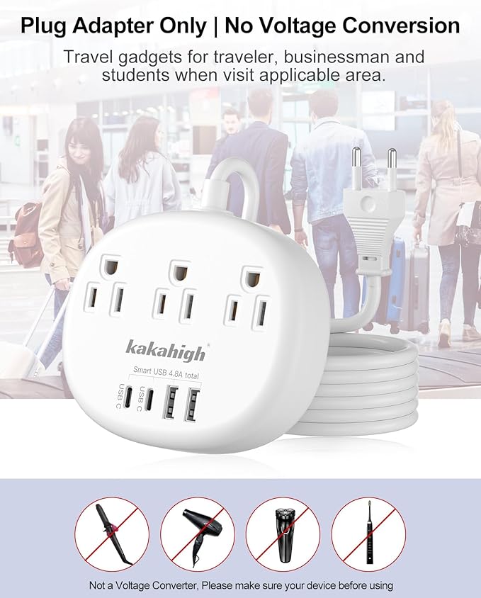 European Travel Plug Adapter with USB C, Multi Country Outlet Adapter with 3 AC Outlets and 4 USB Ports, Type C Plug Adapter for US to Most of Europe Iceland Spain Italy France Germany etc
