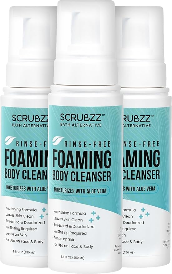 Scrubzz No Rinse Body Wash for Elderly, Rinse Free Cleansing Foam, Waterless Foaming Cleanser for Men and Women, Great for Camping, Gym and Post Workout, Hospital Stays and Post Surgery - 3 Pack